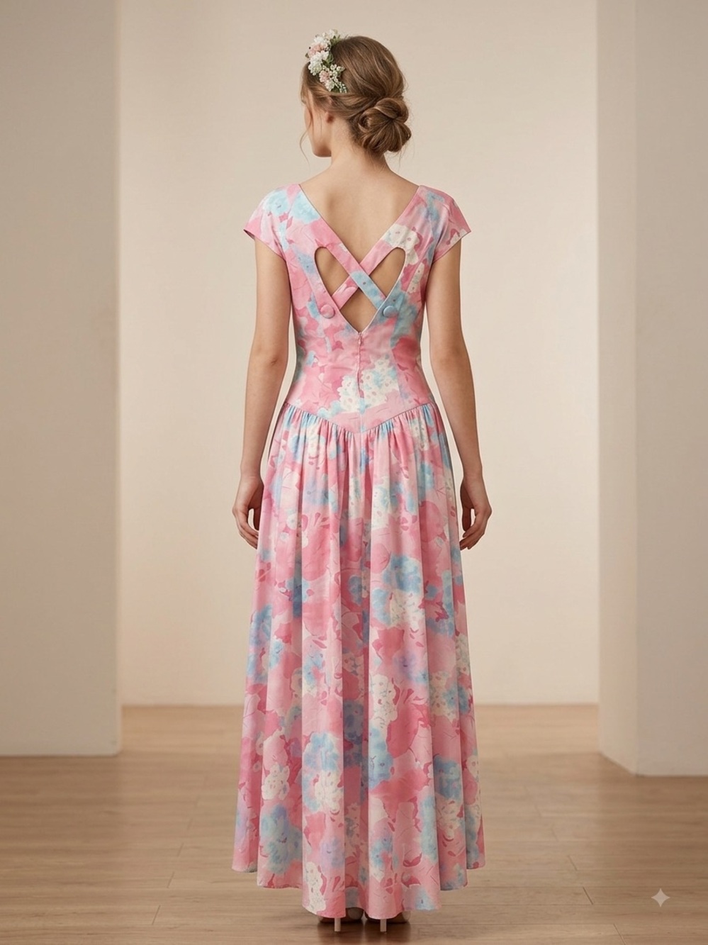 Vintage 1980s Alfred Angelo Pink Floral Cotton Maxi Dress